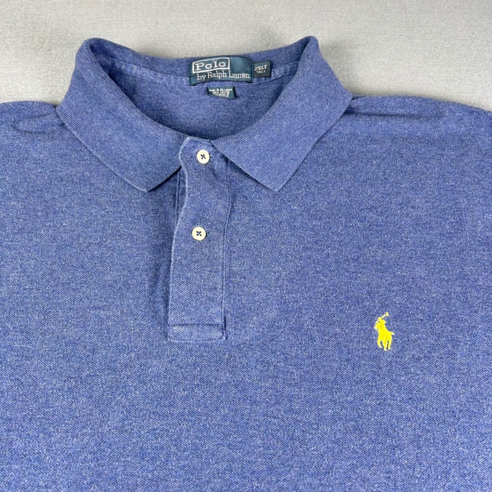 Polo Ralph Lauren Polo Shirt Label 2XLT Cotton Blue Yellow Pony Shirt Sleeve VTG